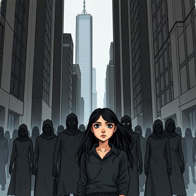 A hand-drawn dystopian scene set in the year 2080, depicting a city where humanity has evolved through genetic engineering to suppress emotions