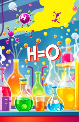 A colorful and vibrant illustration of a chemical equation being demonstrated in a laboratory setting