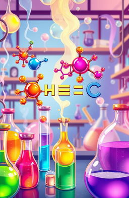 A colorful and vibrant illustration of a chemical equation being demonstrated in a laboratory setting