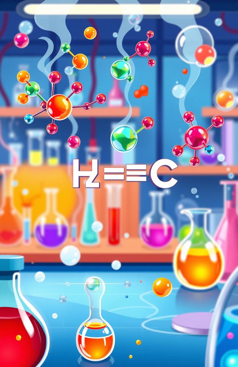 A colorful and vibrant illustration of a chemical equation being demonstrated in a laboratory setting