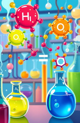 A colorful and vibrant illustration of a chemical equation being demonstrated in a laboratory setting
