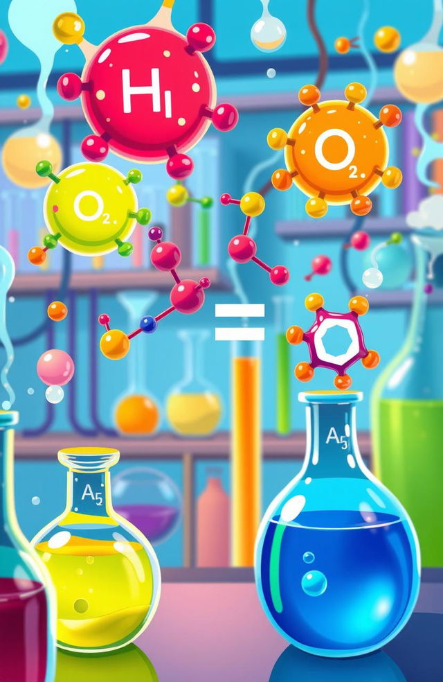 A colorful and vibrant illustration of a chemical equation being demonstrated in a laboratory setting