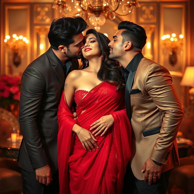 A seductive and elegant scene featuring Kareena Kapoor draped in a stunning red transparent saree that gracefully showcases her figure and adds an air of intrigue