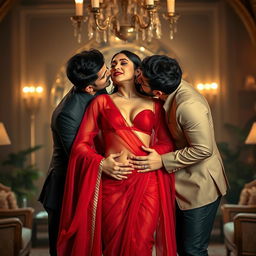 A seductive and elegant scene featuring Kareena Kapoor draped in a stunning red transparent saree that gracefully showcases her figure and adds an air of intrigue
