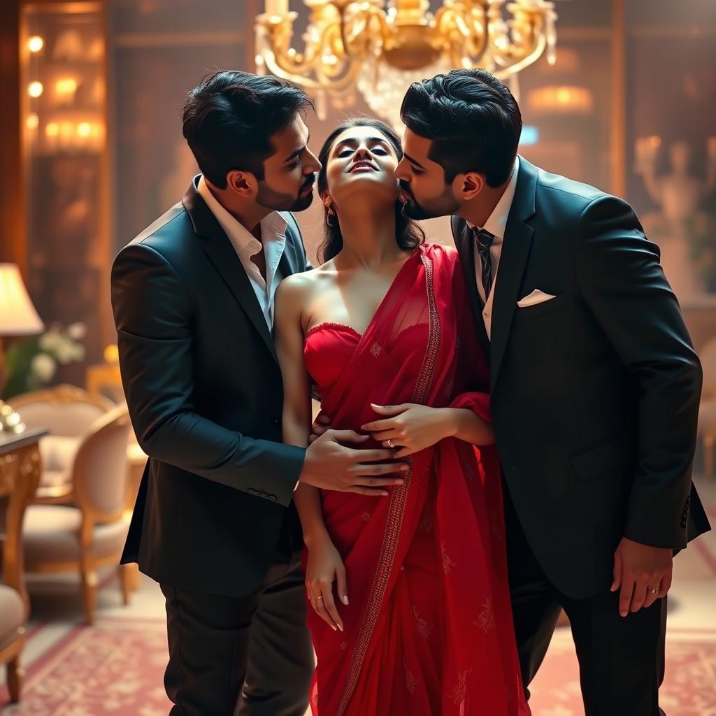 A seductive and elegant scene featuring Kareena Kapoor draped in a stunning red transparent saree that gracefully showcases her figure and adds an air of intrigue