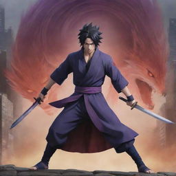 In the midst of the chaotic cityscape, Uchiha Sasuke, with his vivid purple Rinnegan eyes, hurls his sword towards the towering nine-tailed fox, symbolizing his fearless defiance.