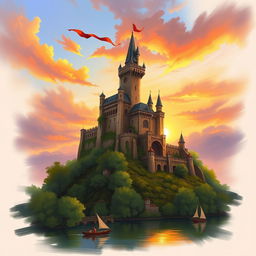 An enchanting book cover design featuring a majestic medieval castle perched on a hill, surrounded by lush greenery