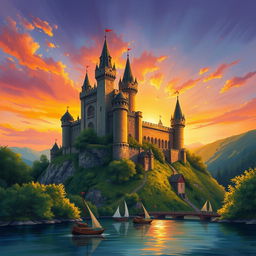 An enchanting book cover design featuring a majestic medieval castle perched on a hill, surrounded by lush greenery