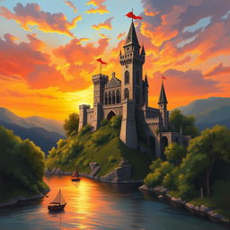 An enchanting book cover design featuring a majestic medieval castle perched on a hill, surrounded by lush greenery