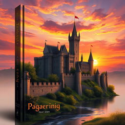 A stunning book cover design featuring a medieval castle at sunset, depicted in an exquisite oil painting style