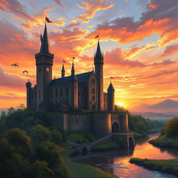 A stunning book cover design featuring a medieval castle at sunset, depicted in an exquisite oil painting style