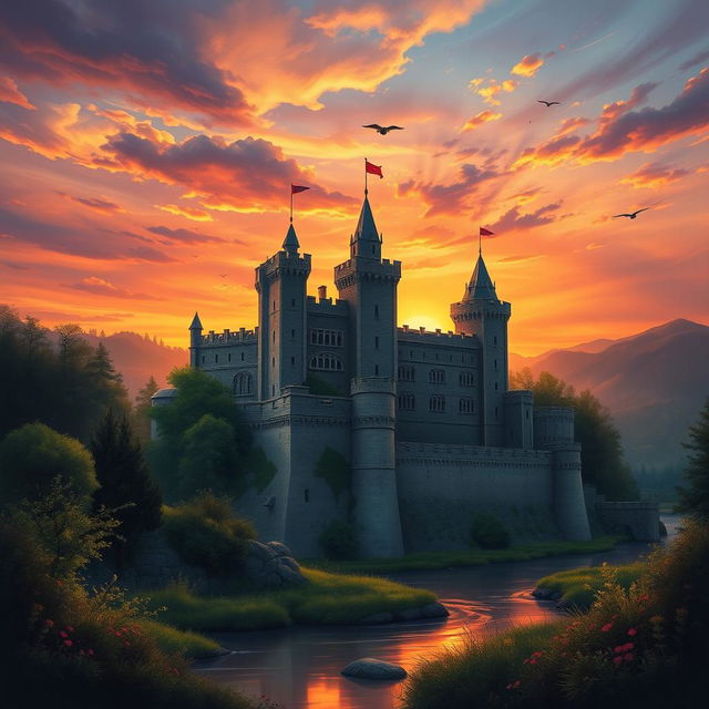 A stunning book cover design featuring a medieval castle at sunset, depicted in an exquisite oil painting style