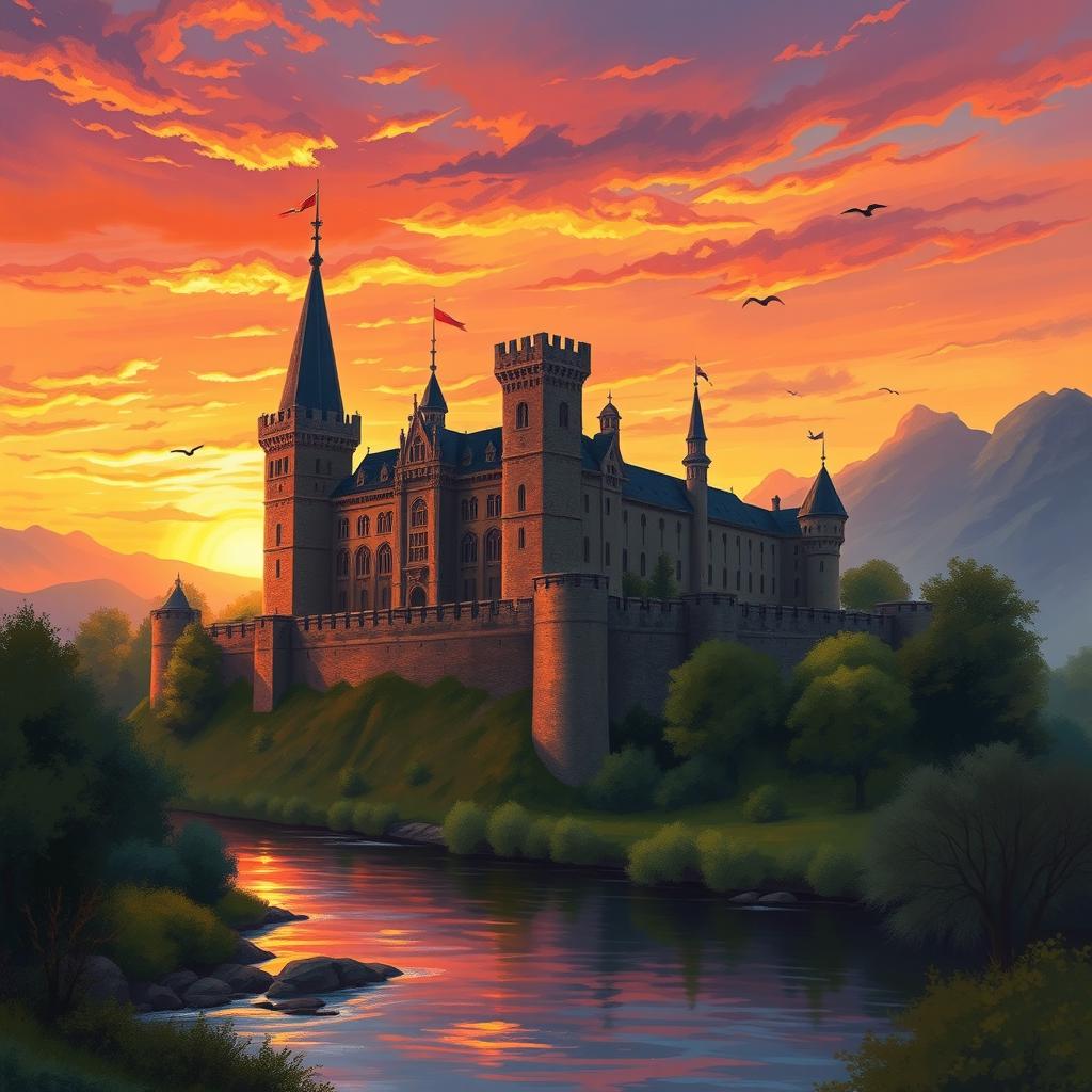 A stunning book cover design featuring a medieval castle at sunset, depicted in an exquisite oil painting style