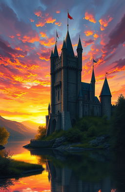 A stunning medieval castle silhouetted against a vibrant sunset sky, painted in a rich oil painting style