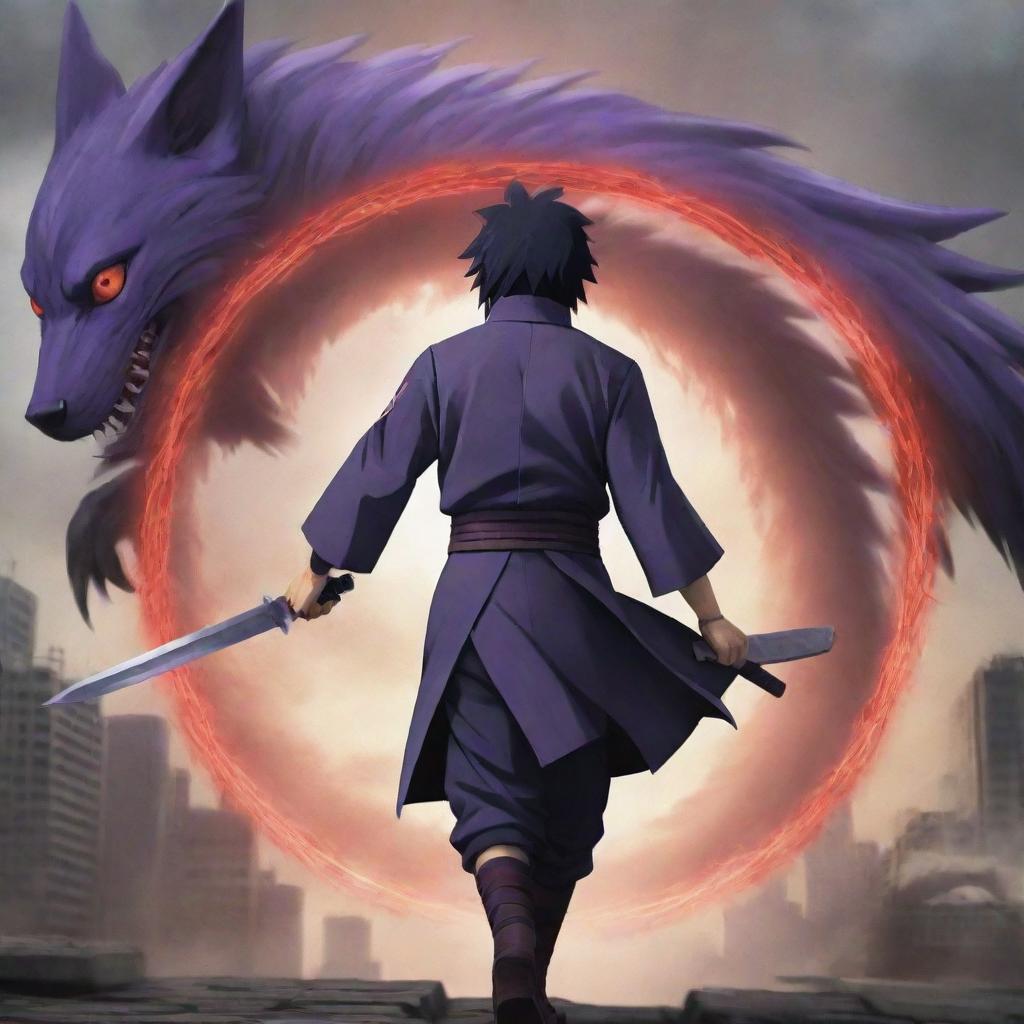 In the midst of the chaotic cityscape, Uchiha Sasuke, with his vivid purple Rinnegan eyes, hurls his sword towards the towering nine-tailed fox, symbolizing his fearless defiance.