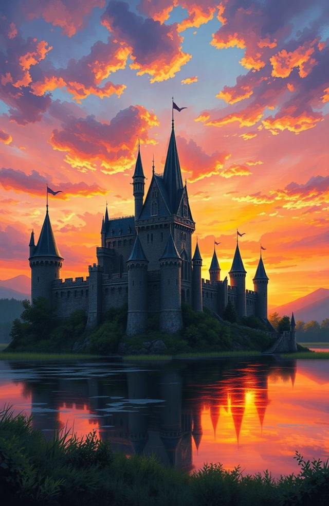 A stunning medieval castle silhouetted against a vibrant sunset sky, painted in a rich oil painting style