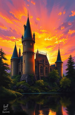 A stunning medieval castle silhouetted against a vibrant sunset sky, painted in a rich oil painting style
