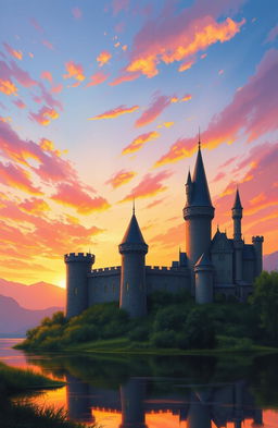 A stunning medieval castle silhouetted against a vibrant sunset sky, painted in a rich oil painting style