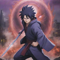 In the midst of the chaotic cityscape, Uchiha Sasuke, with his vivid purple Rinnegan eyes, hurls his sword towards the towering nine-tailed fox, symbolizing his fearless defiance.