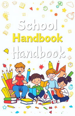 A vibrant and engaging school handbook cover design that showcases a diverse array of educational elements, including colorful doodles of books, pencils, and art supplies