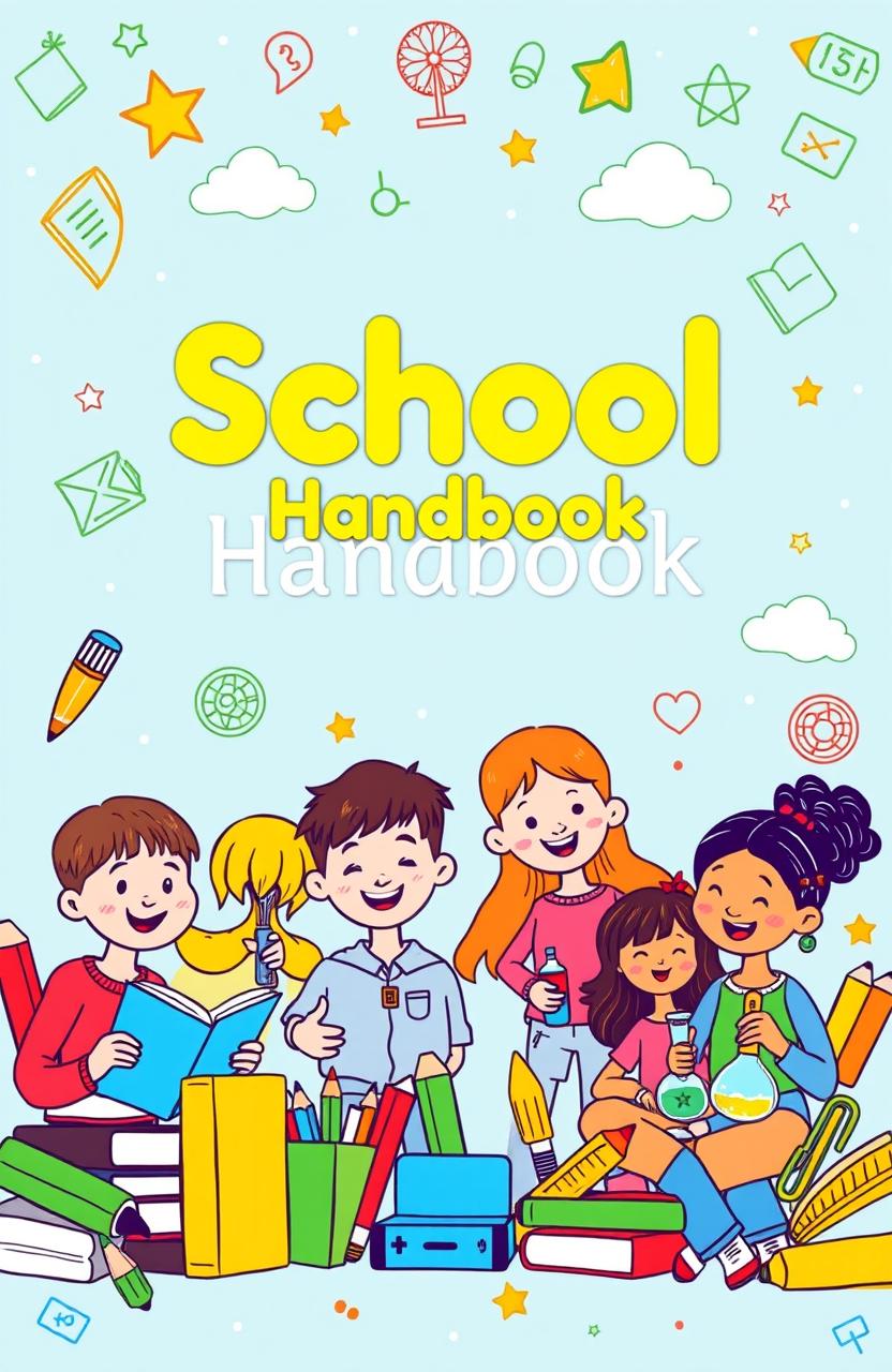 A vibrant and engaging school handbook cover design that showcases a diverse array of educational elements, including colorful doodles of books, pencils, and art supplies