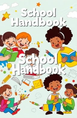 A vibrant and engaging school handbook cover design that showcases a diverse array of educational elements, including colorful doodles of books, pencils, and art supplies