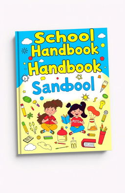 A vibrant and engaging school handbook cover design that showcases a diverse array of educational elements, including colorful doodles of books, pencils, and art supplies