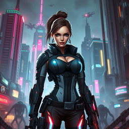 A futuristic cityscape in the style of a sci-fi video game, showcasing a blend of advanced technology and urban decay