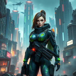 A futuristic cityscape in the style of a sci-fi video game, showcasing a blend of advanced technology and urban decay
