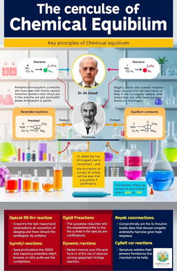 The concept of chemical equilibrium explained through visual representation, featuring a colorful, engaging infographic style