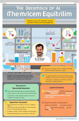 The concept of chemical equilibrium explained through visual representation, featuring a colorful, engaging infographic style