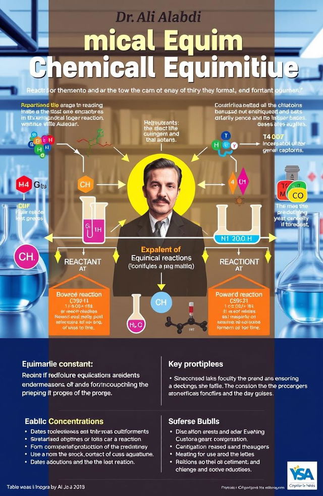 The concept of chemical equilibrium explained through visual representation, featuring a colorful, engaging infographic style