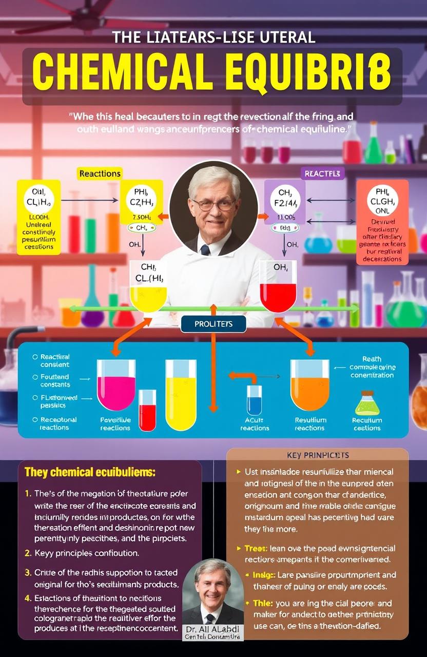 The concept of chemical equilibrium explained through visual representation, featuring a colorful, engaging infographic style