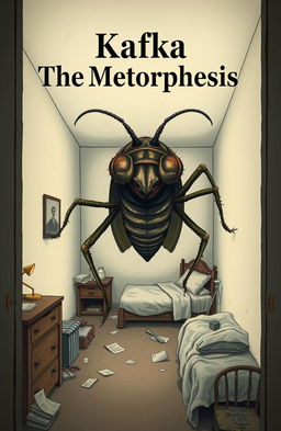 A book cover design for Kafka's 'The Metamorphosis', featuring a surreal, darkly whimsical illustration of a large, grotesque insect in a mundane, cramped bedroom