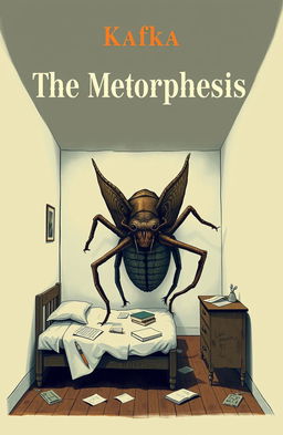A book cover design for Kafka's 'The Metamorphosis', featuring a surreal, darkly whimsical illustration of a large, grotesque insect in a mundane, cramped bedroom