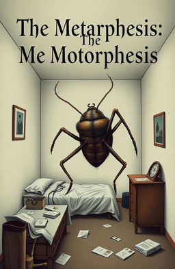 A book cover design for Kafka's 'The Metamorphosis', featuring a surreal, darkly whimsical illustration of a large, grotesque insect in a mundane, cramped bedroom