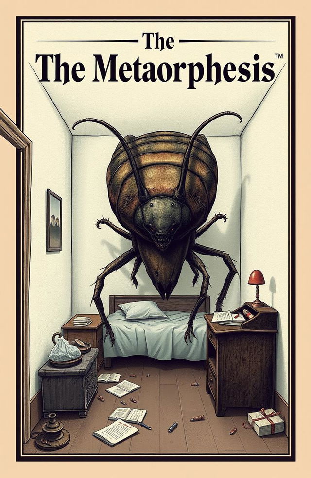 A book cover design for Kafka's 'The Metamorphosis', featuring a surreal, darkly whimsical illustration of a large, grotesque insect in a mundane, cramped bedroom