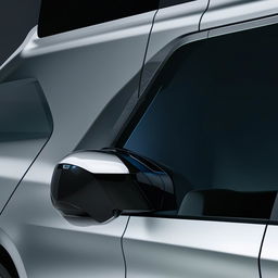 Right side mirror of the driver's cabin in a state-of-the-art, futuristic van, exhibiting advanced design and technology.