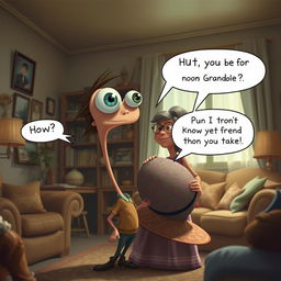 An imaginative scene inside a cozy living room, where Buster, a whimsical boy with oversized eyes, has one of his eyes popped out on a long, skinny neck, swooping back and forth in a playful manner