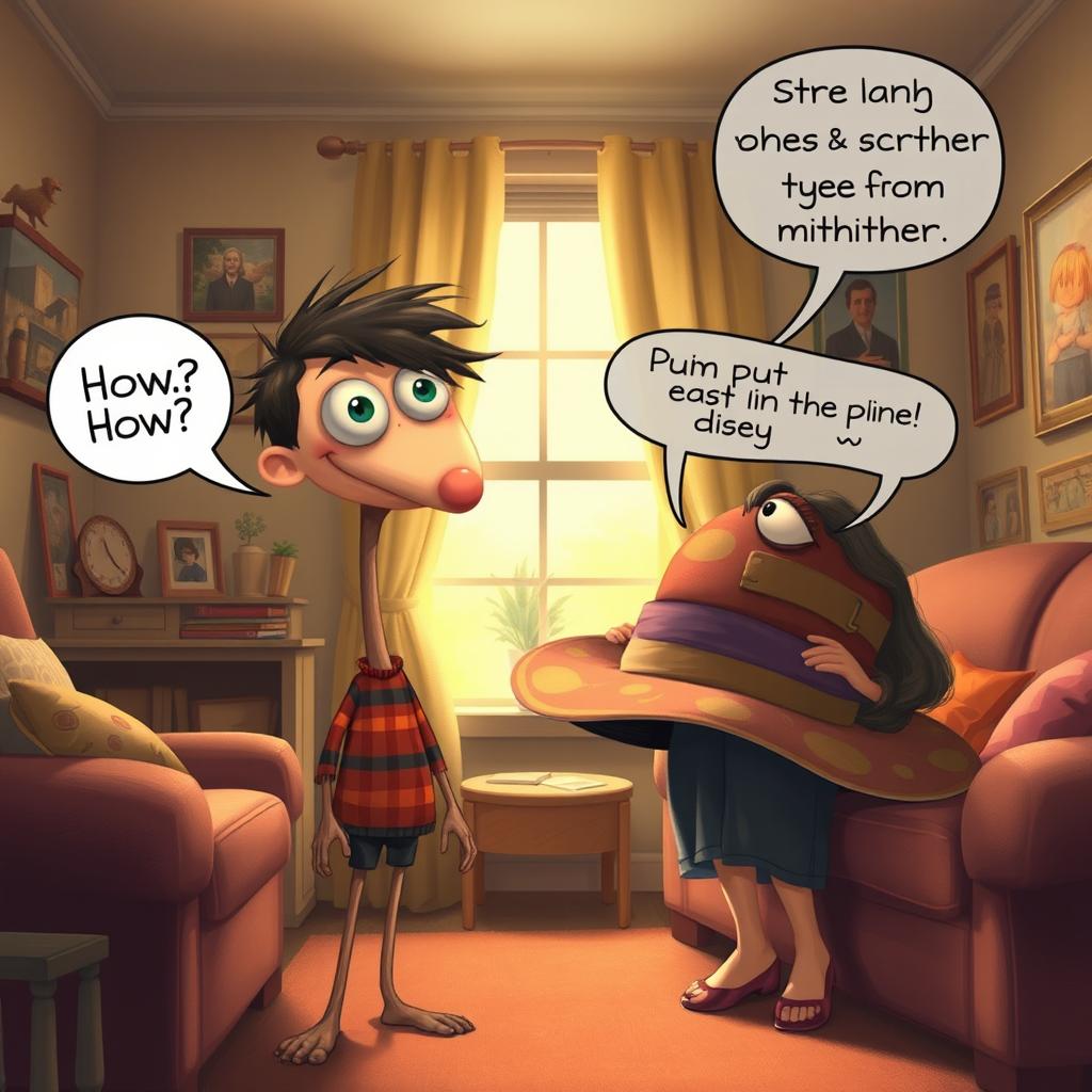 An imaginative scene inside a cozy living room, where Buster, a whimsical boy with oversized eyes, has one of his eyes popped out on a long, skinny neck, swooping back and forth in a playful manner