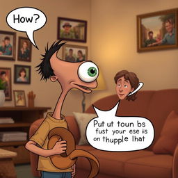 An amusing scene depicting Buster, a bus-eyed boy with his large eye comically popped out on a long, skinny neck swaying back and forth