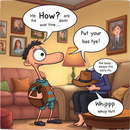 An amusing scene depicting Buster, a bus-eyed boy with his large eye comically popped out on a long, skinny neck swaying back and forth