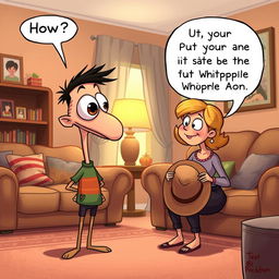 An amusing scene depicting Buster, a bus-eyed boy with his large eye comically popped out on a long, skinny neck swaying back and forth