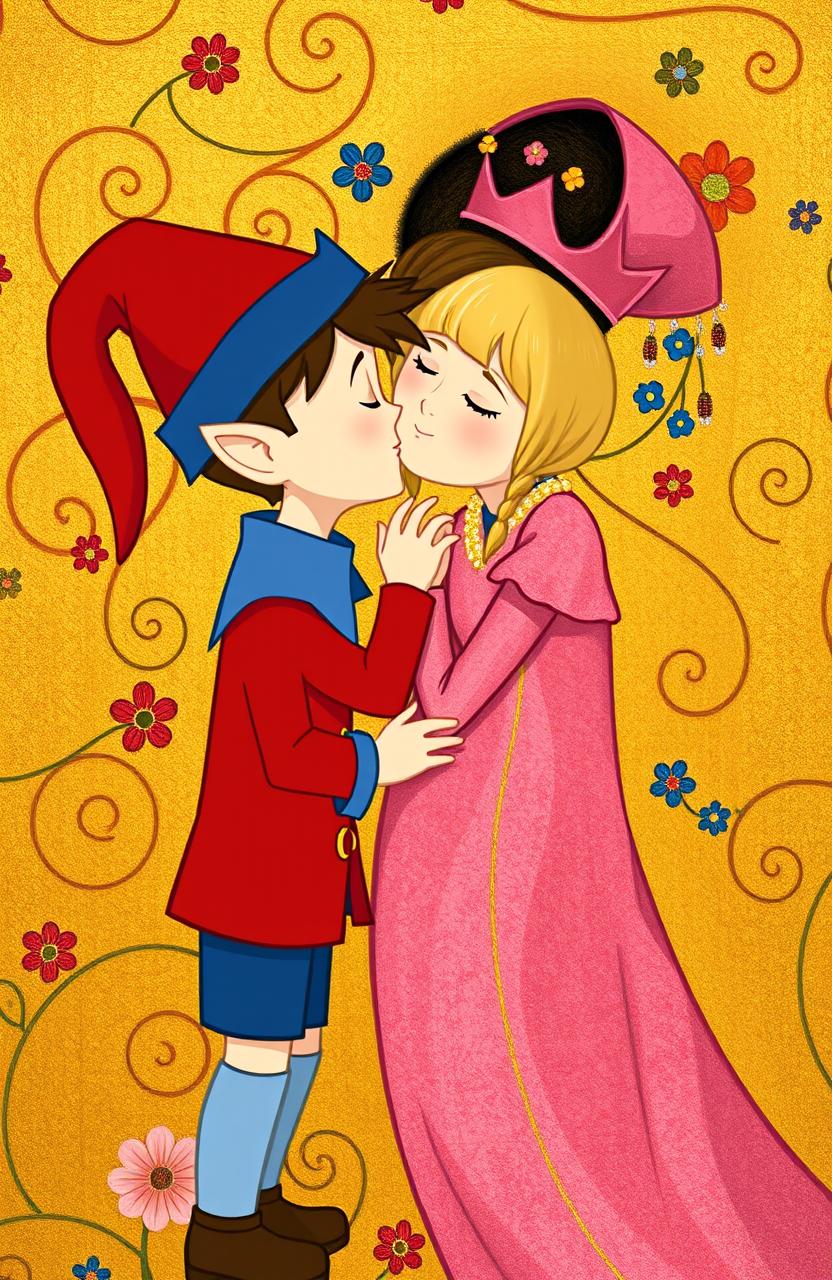 Ben and Holly from 'Ben & Holly's Little Kingdom' playfully recreating Gustav Klimt's iconic painting 'The Kiss'