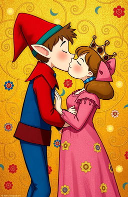 Ben and Holly from 'Ben & Holly's Little Kingdom' playfully recreating Gustav Klimt's iconic painting 'The Kiss'