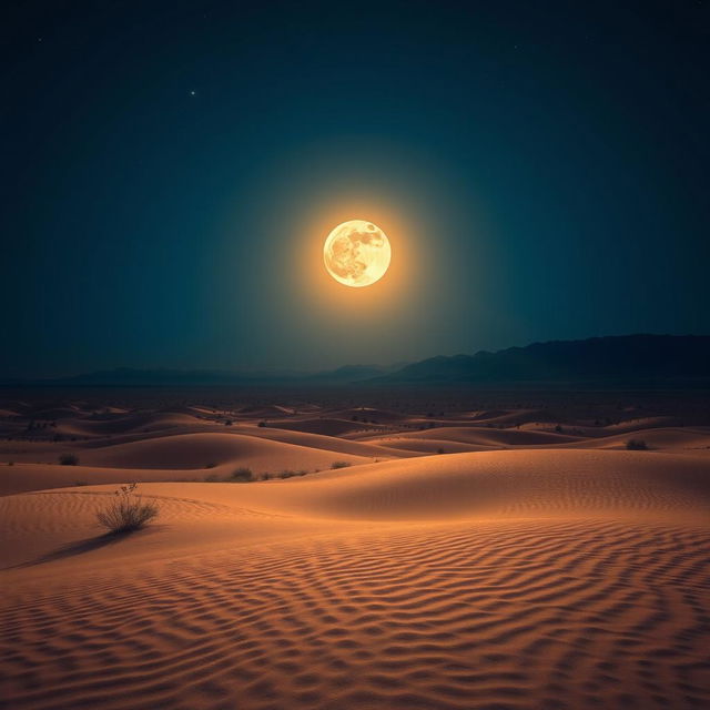 A mesmerizing desert scene under a deep dark blue sky, showcasing a celestial phenomenon where the moon resembles a shiny sun, radiating a warm, golden glow across the sandy terrain