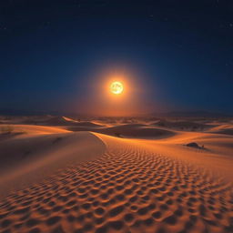 A mesmerizing desert scene under a deep dark blue sky, showcasing a celestial phenomenon where the moon resembles a shiny sun, radiating a warm, golden glow across the sandy terrain
