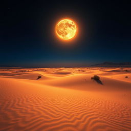 A mesmerizing desert scene under a deep dark blue sky, showcasing a celestial phenomenon where the moon resembles a shiny sun, radiating a warm, golden glow across the sandy terrain