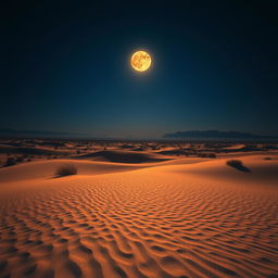 A mesmerizing desert scene under a deep dark blue sky, showcasing a celestial phenomenon where the moon resembles a shiny sun, radiating a warm, golden glow across the sandy terrain