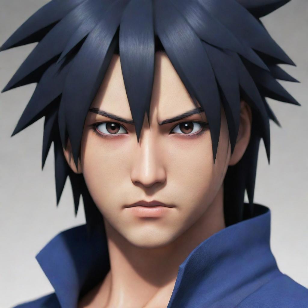 Generate a high-quality image of Sasuke, a character from the anime Naruto, in his classic outfit. His striking and intense gaze should match his dark hair and powerful demeanor.